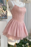 Evafashion Pink Spaghetti Straps A-Line Tulle Satin Short Sweet 16 Dresses Birthday Party Dress HZ1024