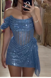 Evafashion Gray Blue Off Shoulder Sheath Short Evening Gowns Glitter Homecoming Dress HZ1024