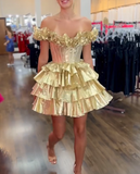 Evafashion Gold Off-the-shoulder A-Line Taffeta Short Prom Dresses Tiered Homecoming Dress HZ1024