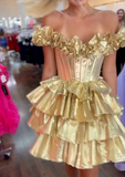 Evafashion Gold Off-the-shoulder A-Line Taffeta Short Prom Dresses Tiered Homecoming Dress HZ1024
