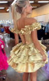 Evafashion Gold Off-the-shoulder A-Line Taffeta Short Prom Dresses Tiered Homecoming Dress HZ1024