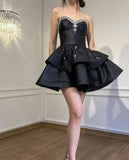 Evafashion Black A-Line Sweetheart Neck Short Party Dress Sweet Birthday Evening Dress with Diamonds HZ1024