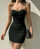 Evafashion Black Sweetheart Neck Bodycon Short Party Dress Chic Evening Dress with Tassels HZ1024