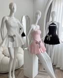 Evafashion Black Halter A-Line Satin Pleated Short Evening Dress Elegant Party Dress HZ1024