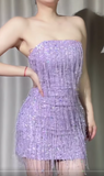 Evafashion Purple Strapless Bodycon Beaded Short Prom Dresses Glitter Homecoming Dress HZ1024