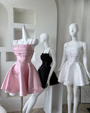 Evafashion Spaghetti Straps Pink A-Line Satin Short Evening Dress with 3D Butterflies HZ1024