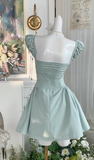 Evafashion Mint Green Square Neck A-Line Satin Pleated Short Birthday Evening Dress Party Dress HZ1024