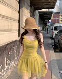 Evafashion Yellow Strap Tulle Short Summer Dress HZ1024