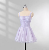 Evafashion Purple Square Neck A-Line Tulle Short Evening Dress for Birthday Cute Homecoming Dress HZ1024