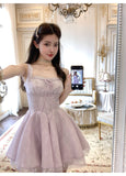 Evafashion Purple Square Neck A-Line Tulle Short Evening Dress for Birthday Cute Homecoming Dress HZ1024