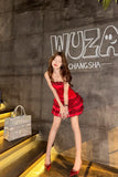 Evafashion Red Strapless Sheath Layered Satin Short Prom Dresses Outdoor Party Outfit HZ1024