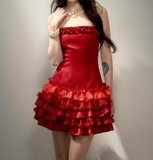 Evafashion Red Strapless Sheath Layered Satin Short Prom Dresses Outdoor Party Outfit HZ1024
