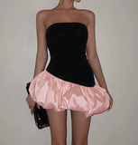 Evafashion Black/Pink Strapless A-Line Satin Short Party Dress Fashion Evening Dress HZ1024