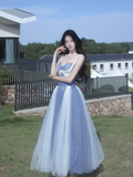 Evafashion Sweetheart Grey Blue A-Line Tulle Long Prom Dresses Sweet 20 Evening Gowns HZ1024