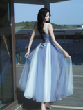 Evafashion Sweetheart Grey Blue A-Line Tulle Long Prom Dresses Sweet 20 Evening Gowns HZ1024
