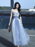 Evafashion Sweetheart Grey Blue A-Line Tulle Long Prom Dresses Sweet 20 Evening Gowns HZ1024