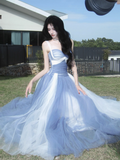 Evafashion Sweetheart Grey Blue A-Line Tulle Long Prom Dresses Sweet 20 Evening Gowns HZ1024