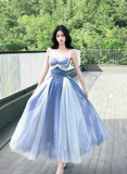 Evafashion Sweetheart Grey Blue A-Line Tulle Long Prom Dresses Sweet 20 Evening Gowns HZ1024