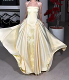 Evafashion A-Line Halter Butter Yellow Satin Long Prom Dresses Birthday Party Outfits HZ1024