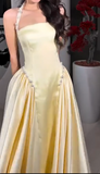 Evafashion A-Line Halter Butter Yellow Satin Long Prom Dresses Birthday Party Outfits HZ1024