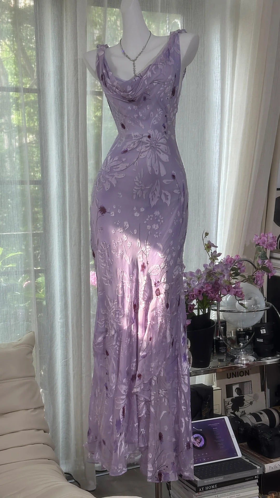 Evafashion Vintage Sheath Prom Dresses Chiffon Floral Purple Long Formal Dresses Beaded Wedding Guest Dresses HZ1024