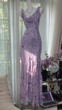 Evafashion Vintage Sheath Prom Dresses Chiffon Floral Purple Long Formal Dresses Beaded Wedding Guest Dresses HZ1024