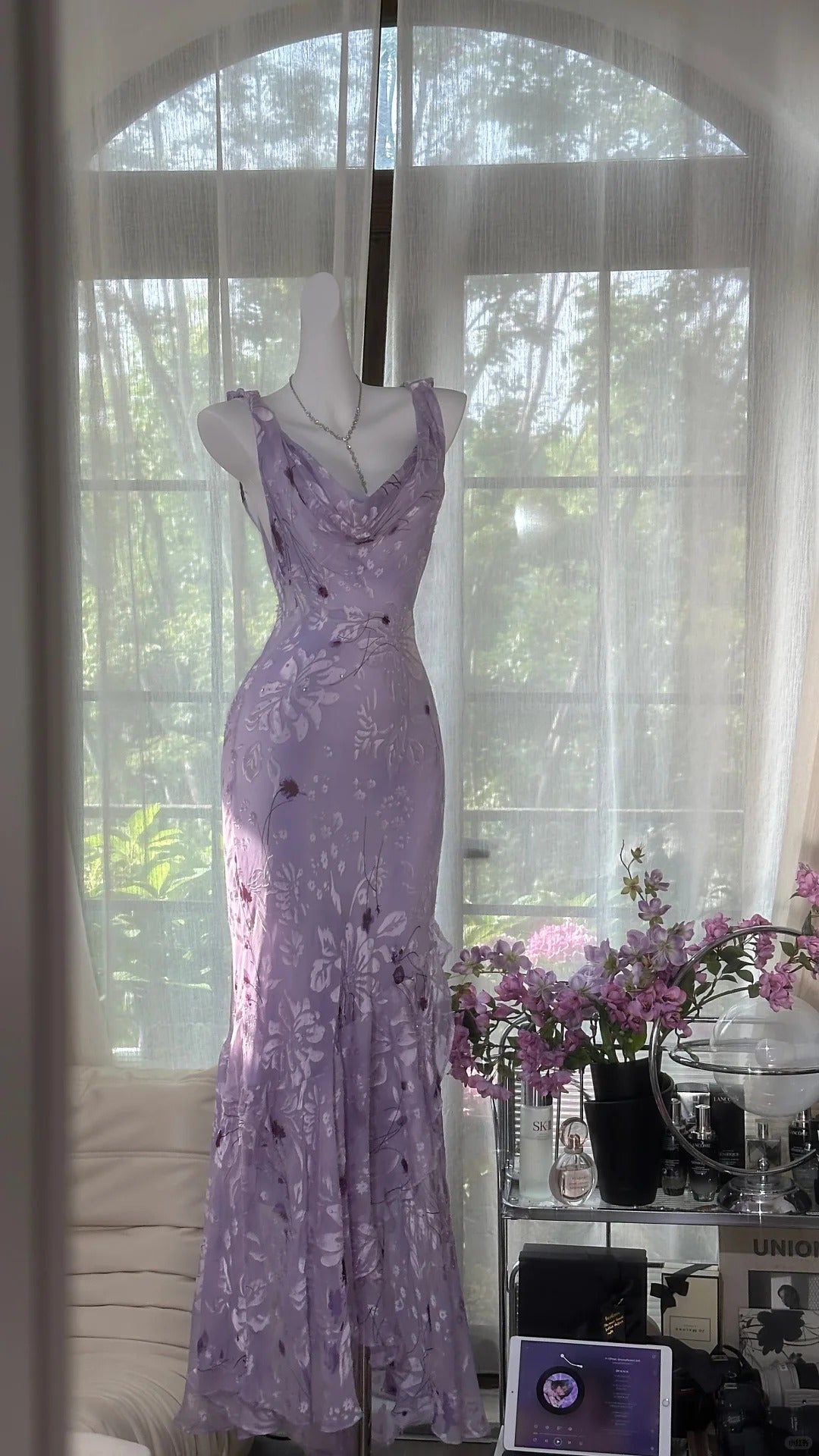 Evafashion Vintage Sheath Prom Dresses Chiffon Floral Purple Long Formal Dresses Beaded Wedding Guest Dresses HZ1024