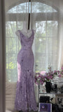 Evafashion Vintage Sheath Prom Dresses Chiffon Floral Purple Long Formal Dresses Beaded Wedding Guest Dresses HZ1024