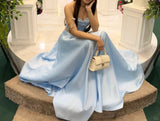 Evafashion A-Line Sky Blue Evening Gowns Sweetheart Neck Formal Dresses Satin Elegant 18th Birthday Outfit HZ1024