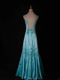 Evafashion A-Line Spaghetti Strap Long Prom Dresses Blue Satin Beaded Evening Dress Elegant Formal Dress HZ1024
