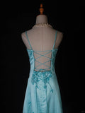 Evafashion A-Line Spaghetti Strap Long Prom Dresses Blue Satin Beaded Evening Dress Elegant Formal Dress HZ1024