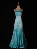 Evafashion A-Line Spaghetti Strap Long Prom Dresses Blue Satin Beaded Evening Dress Elegant Formal Dress HZ1024