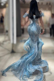 Evafashion Ice Blue Mermaid Off-the-shoulder Long Prom Dresses Stunning Tulle Evening Gowns HZ1024