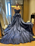 Evafashion Navy Blue Ball Gown Off Shoulder Quinceanera Dress Satin Sweet 16 Dress Graduation Dress HZ1024