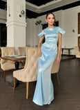 Evafashion Blue Jewel Sheath Evening Dress Satin Party Dress Wedding Guest Dress HZ1024