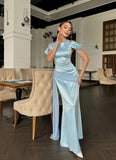 Evafashion Blue Jewel Sheath Evening Dress Satin Party Dress Wedding Guest Dress HZ1024