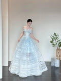 Evafashion Ice Blue Off-Shoulder Ball Gown Long Prom Dress Tulle Sequins Birthday Dress Sweet 16 Dress HZ1024