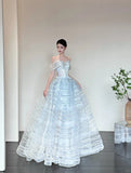 Evafashion Ice Blue Off-Shoulder Ball Gown Long Prom Dress Tulle Sequins Birthday Dress Sweet 16 Dress HZ1024