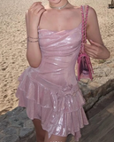 Evafashion Pink Sheath Short Homecoming Dress Satin Spaghetti Straps Birthday Dress Pool Party Dress HZ1024