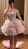 Evafashion Pink Ball Gown Short Homecoming Dress Sweetheart Neck Beaded Formal Dress Birthday Dress HZ1024