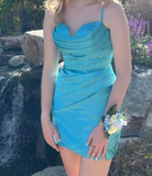 Evafashion Blue Bodycon Short Homecoming Dress Spaghetti Strap Satin Formal Dress Graduation Party Dress HZ1024