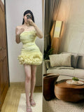 Evafashion Yellow Bodycon Birthday Dress Off shoulder Short Homecoming Dress Beaded Tulle Formal Dress HZ1024