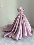 Evafashion Dusty Pink Ball Gown Satin Long Prom Dress Jewel Short Sleeve Quinceanera Sweet 16 Dress HZ1024