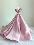 Evafashion Dusty Pink Ball Gown Satin Long Prom Dress Jewel Short Sleeve Quinceanera Sweet 16 Dress HZ1024