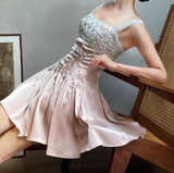 Evafashion A-Line Square Neck Short Birthday Prom Dress Satin Beaded Formal Dress Graduation Dress Middle School Homecoming Dress HZ1024