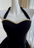 Evafashion Hepburn Style A-Line Halter Velvet Short Prom Dress, Black Homecoming Dresses HZ1024