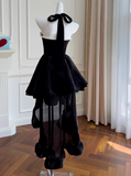Evafashion Hepburn Style A-Line Halter Velvet Short Prom Dress, Black Homecoming Dresses HZ1024