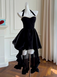 Evafashion Hepburn Style A-Line Halter Velvet Short Prom Dress, Black Homecoming Dresses HZ1024