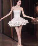 Evafashion Ball Gown Strapless Satin Short Prom Dress, White Homecoming Dresses HZ1024