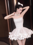 Evafashion Ball Gown Strapless Satin Short Prom Dress, White Homecoming Dresses HZ1024
